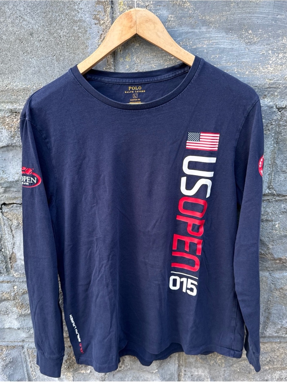Polo Ralph Lauren US Open Tennis 2015 Shirt Women's Large Blue Long Sleeve Flag